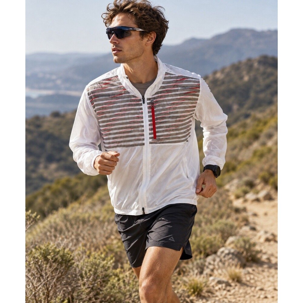 Brooks LSD Windbreaker Jacket Men’s M White Gray Red Striped Running Packable